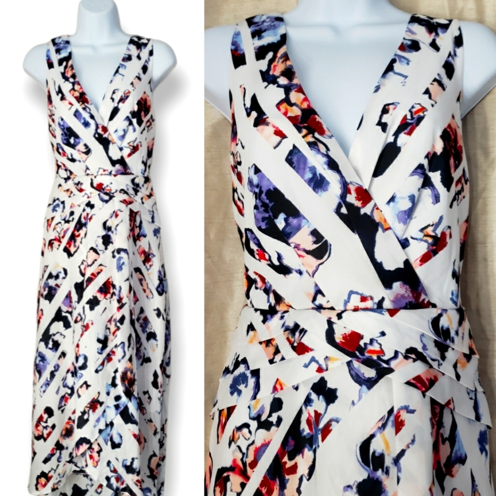 NWOT WHBM white & black floral V-neck maxi sheath sun dress Womens 10